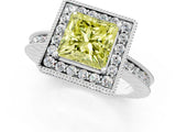 Platinum Fancy Yellow Princess Cut Diamond Milgrain Halo Engagement Ring with Round Pavé Band and Prong Setting_13