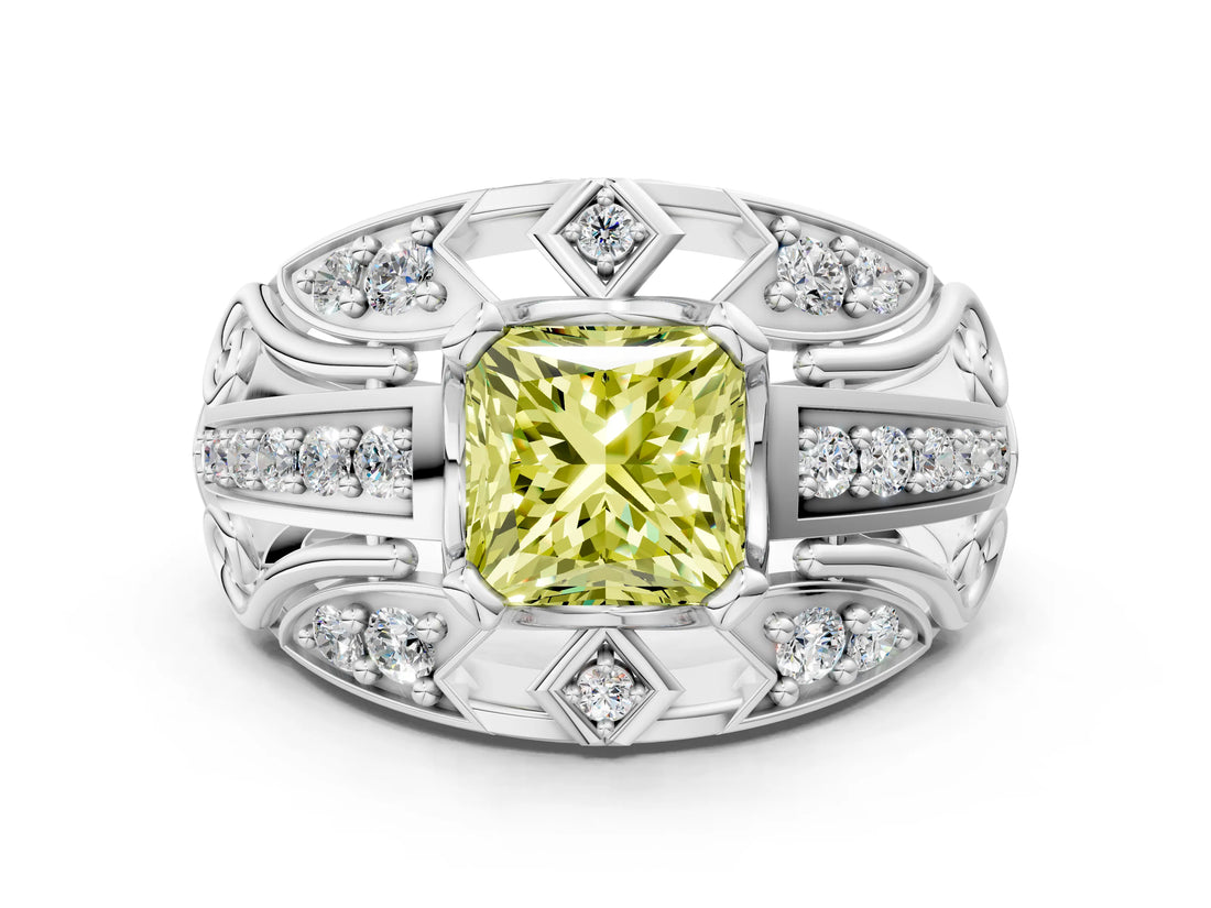 Platinum Fancy Yellow Princess Cut Diamond Pave Art Deco Split Shank Ring with Four-Prong Setting_6