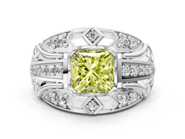 Platinum Fancy Yellow Princess Cut Diamond Pave Art Deco Split Shank Ring with Four-Prong Setting