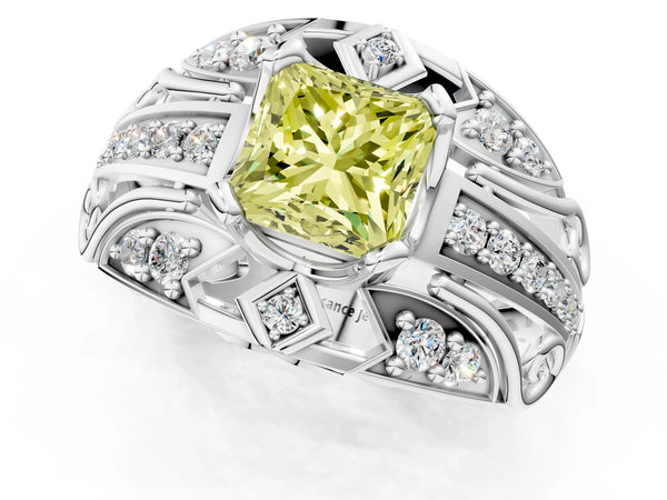Platinum Fancy Yellow Princess Cut Diamond Pave Art Deco Split Shank Ring with Four-Prong Setting