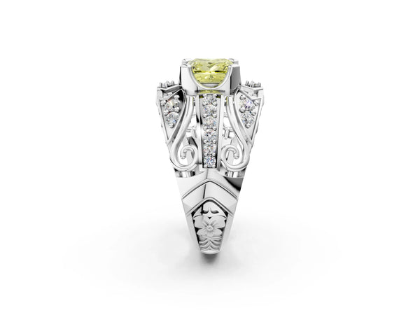 Platinum Fancy Yellow Princess Cut Diamond Pave Art Deco Split Shank Ring with Four-Prong Setting