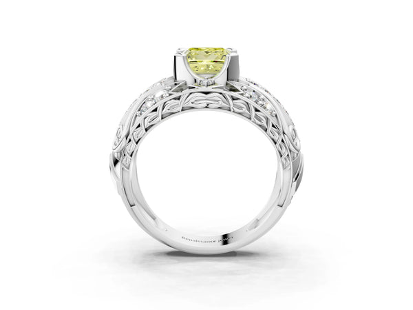 Platinum Fancy Yellow Princess Cut Diamond Pave Art Deco Split Shank Ring with Four-Prong Setting