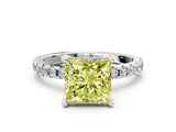 Platinum Fancy Yellow Princess Cut Diamond Solitaire Ring with Round  Pavé Band and Four-Prong Setting_36
