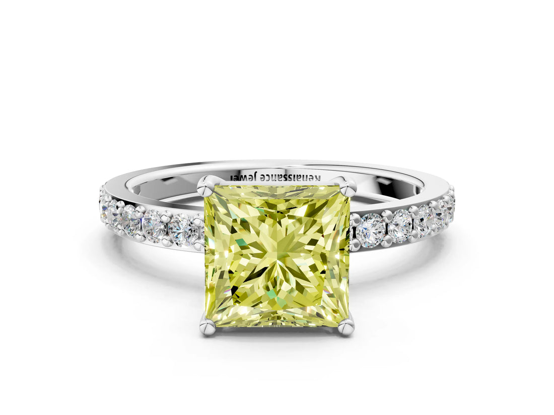 Platinum Fancy Yellow Princess  Cut Diamond Solitaire with Pave Band and Four-Prong Setting 9