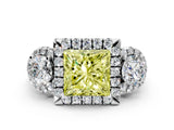 Platinum Fancy Yellow Princess Cut Diamond Three-Stone Halo Ring with Prong Setting and Pavé Accents_12