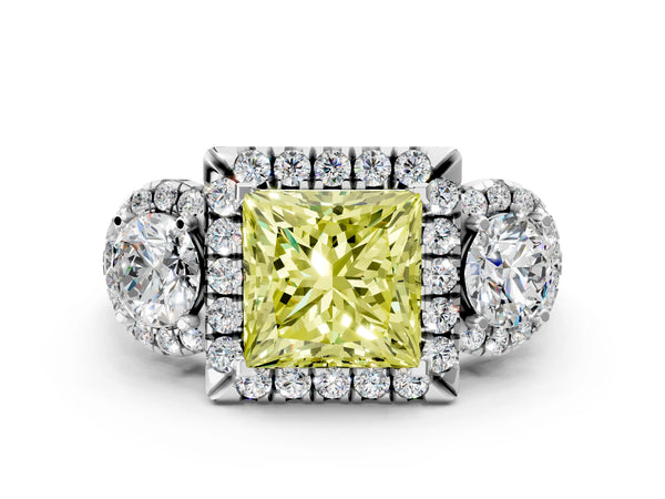 Platinum Princess Cut Three Stone Halo Engagement Ring Setting for Fancy Yellow Center