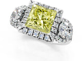 Platinum Fancy Yellow Princess Cut Diamond Three-Stone Halo Ring with Prong Setting and Pavé Accents_13
