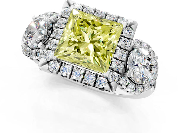Platinum Princess Cut Three Stone Halo Engagement Ring Setting for Fancy Yellow Center