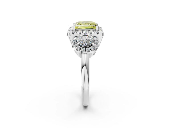 Platinum Princess Cut Three Stone Halo Engagement Ring Setting for Fancy Yellow Center