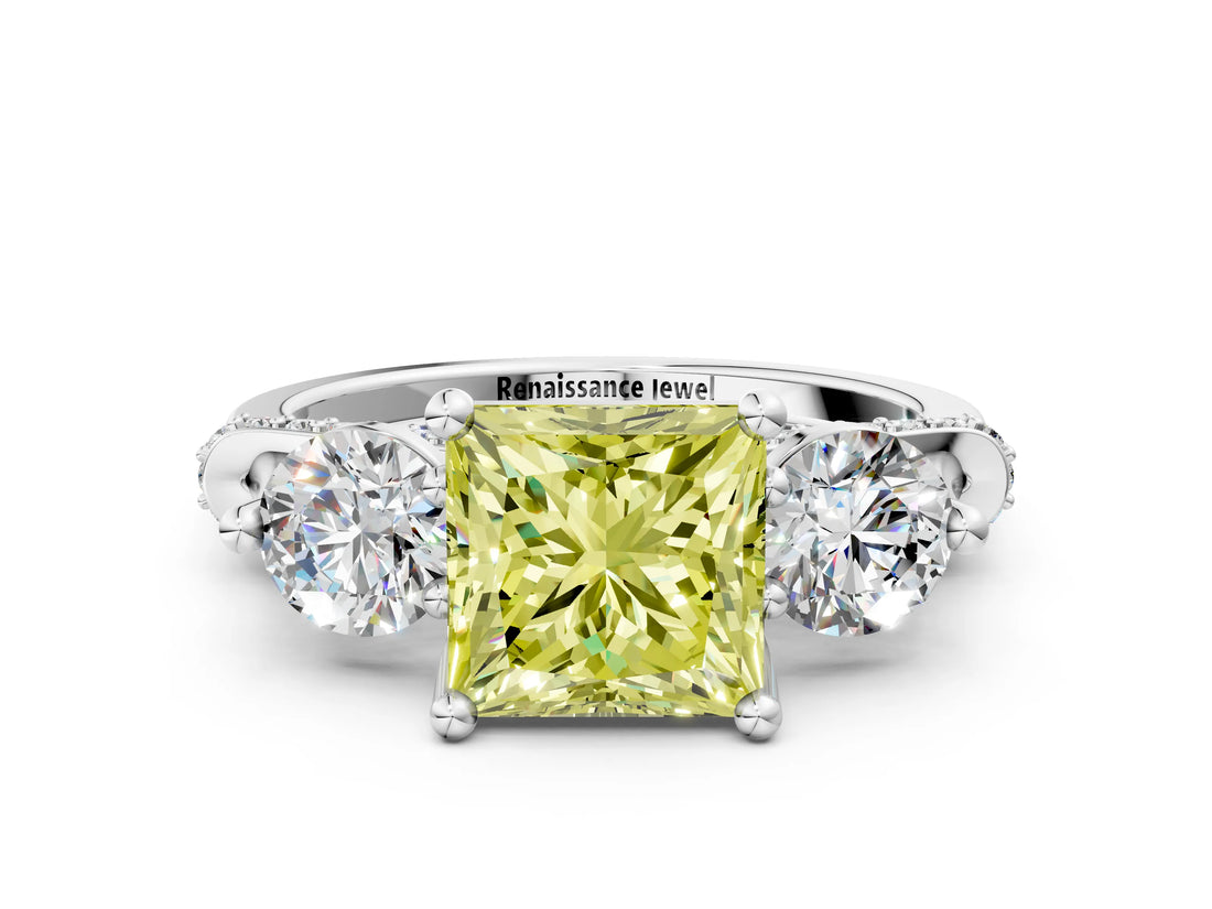 Platinum Fancy Yellow Princess Cut Diamond Three-Stone Ring with Prong Setting and Pavé Band_6