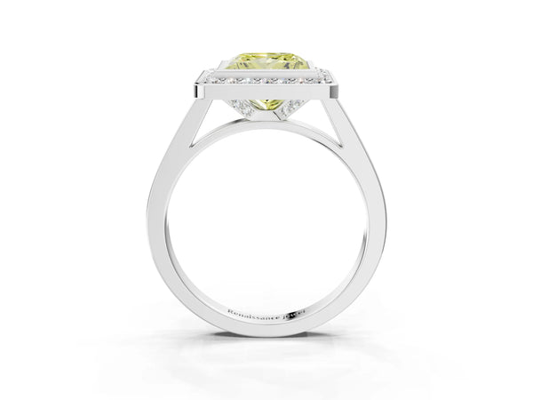 Platinum Fancy Yellow Princess Cut Halo Bezel Diamond Pave Band Ring