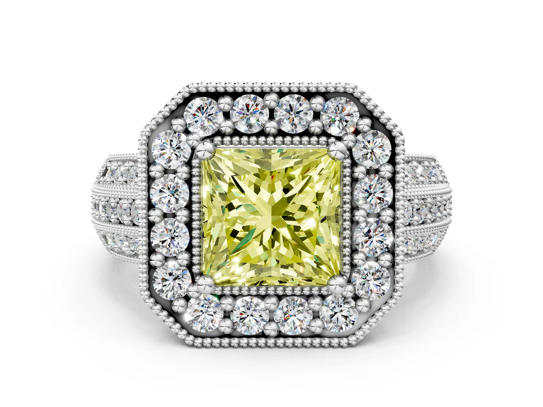 Platinum Fancy Yellow Princess Cut Halo Diamond Engagement Ring with Pave Split Shank and Four-Prong Setting_6