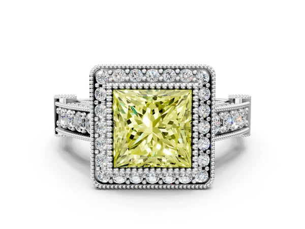 Platinum Princess Cut Vintage Bezel Halo Engagement Ring Setting for Fancy Yellow Center
