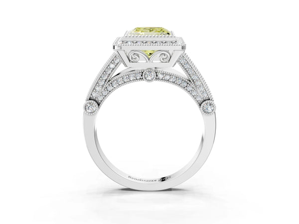 Platinum Princess Cut Vintage Bezel Halo Engagement Ring Setting for Fancy Yellow Center