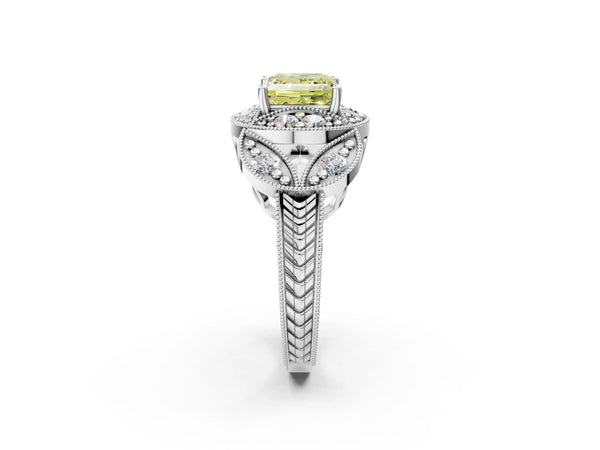 Platinum Fancy Yellow Princess Cut Halo Milgrain Diamond Engagement Ring with Leaf Band and Four-Prong Setting