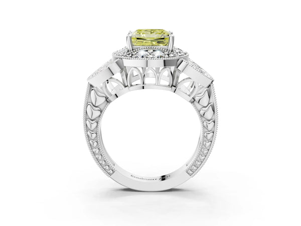 Platinum Fancy Yellow Princess Cut Halo Milgrain Diamond Engagement Ring with Leaf Band and Four-Prong Setting