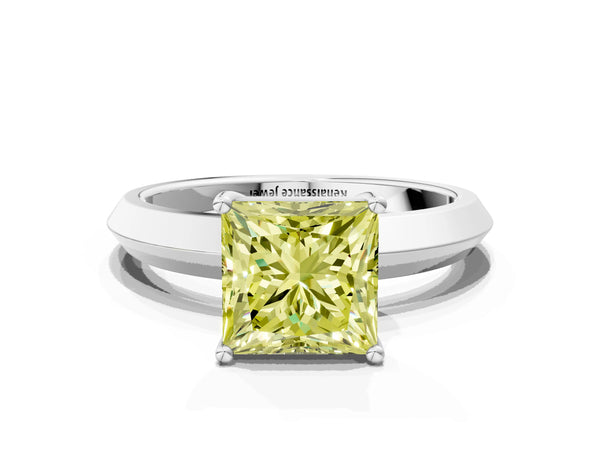 Platinum Fancy Yellow Princess  Cut Solitaire Engagement Ring with Flat Band and Four-Prong Setting