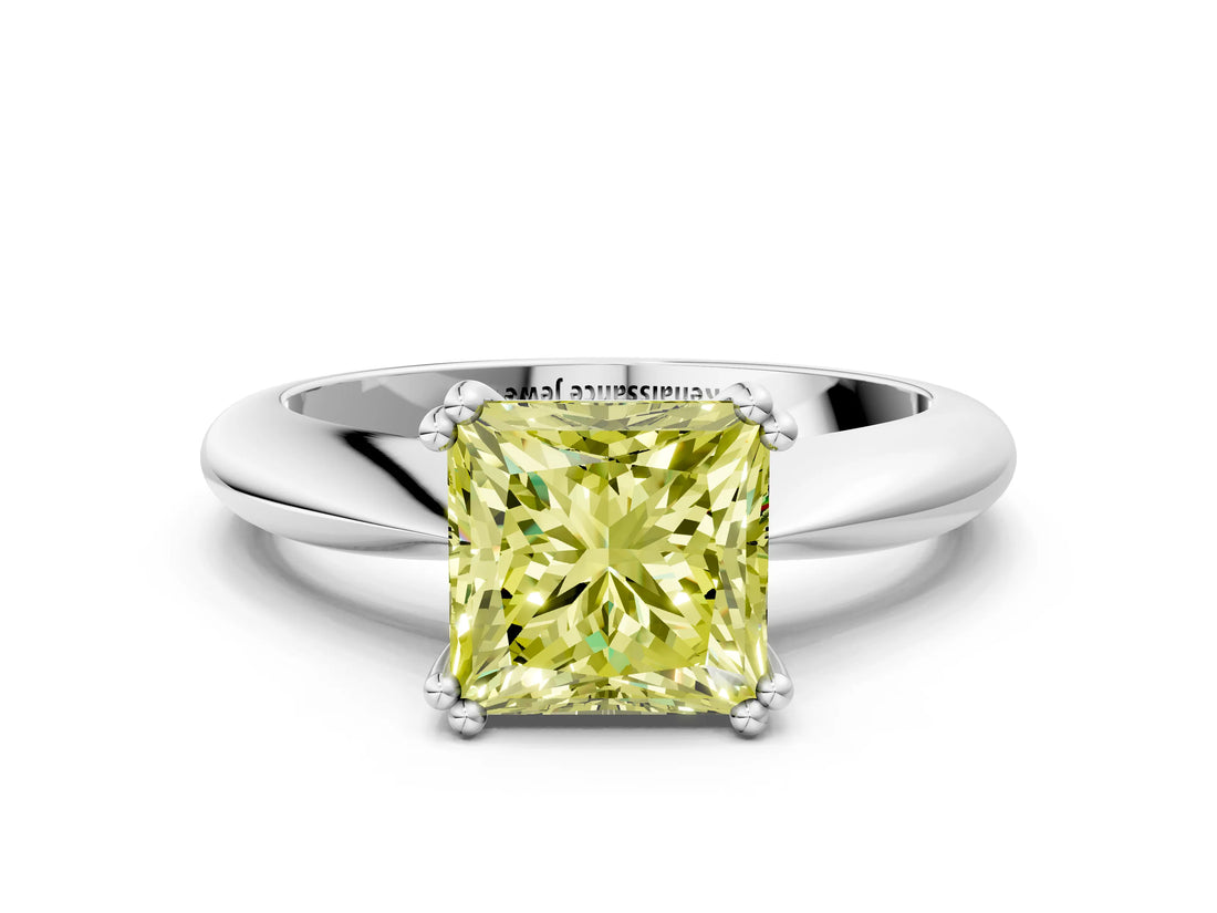 Platinum Fancy Yellow Princess  Cut Solitaire Engagement Ring with Tapered Band and Four-Prong Setting 1