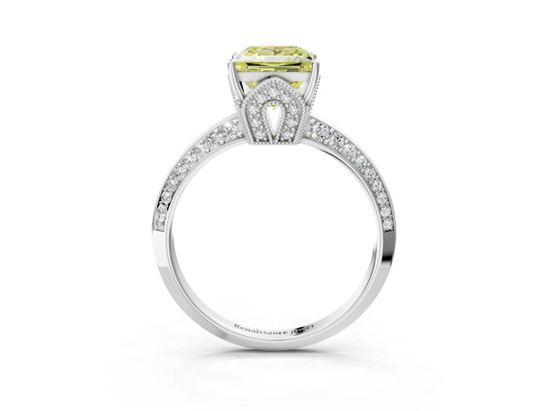 Platinum Princess Cut Graduated Pave Engagement Ring Setting for Fancy Yellow Center