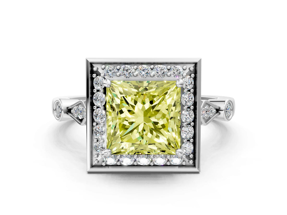 Platinum Fancy Yellow Princess  Halo Diamond Engagement Ring with Twisted Band and Four-Prong Setting 1