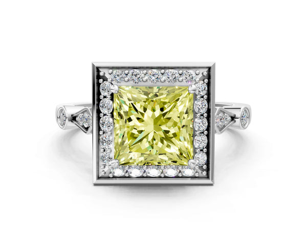 Platinum Fancy Yellow Princess  Halo Diamond Engagement Ring with Twisted Band and Four-Prong Setting