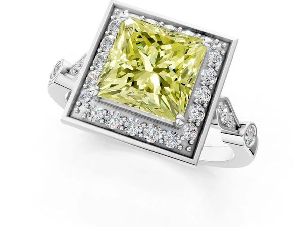 Platinum Fancy Yellow Princess  Halo Diamond Engagement Ring with Twisted Band and Four-Prong Setting