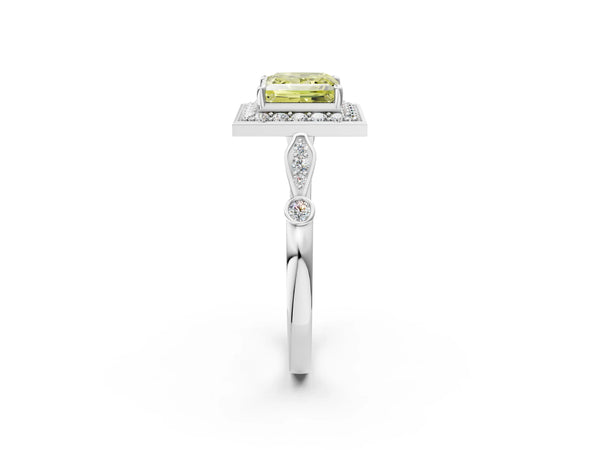 Platinum Fancy Yellow Princess  Halo Diamond Engagement Ring with Twisted Band and Four-Prong Setting