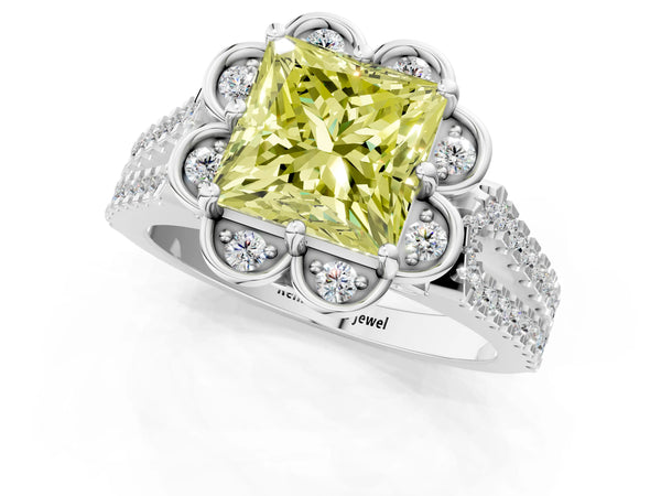 Platinum Fancy Yellow Princess  Halo Diamond Floral Split Shank Engagement Ring