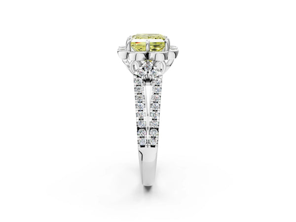 Platinum Fancy Yellow Princess  Halo Diamond Floral Split Shank Engagement Ring