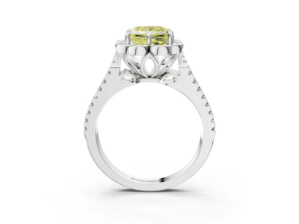 Platinum Fancy Yellow Princess  Halo Diamond Floral Split Shank Engagement Ring