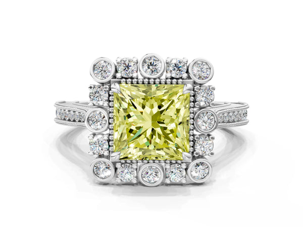 Platinum Fancy Yellow Princess  Halo Milgrain Pave Diamond Ring with Four-Prong Setting