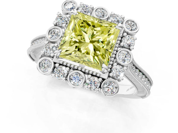 Platinum Fancy Yellow Princess  Halo Milgrain Pave Diamond Ring with Four-Prong Setting