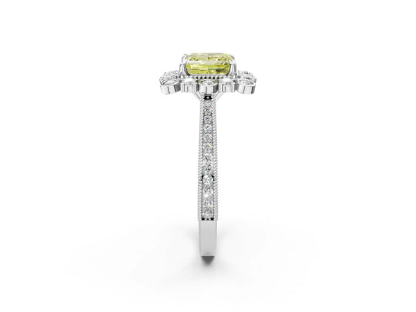Platinum Fancy Yellow Princess  Halo Milgrain Pave Diamond Ring with Four-Prong Setting