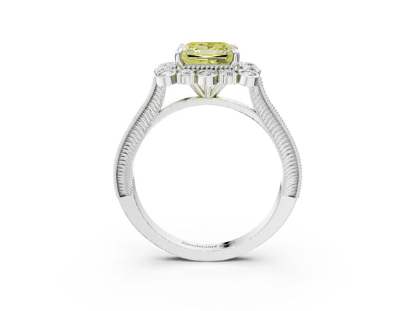 Platinum Fancy Yellow Princess  Halo Milgrain Pave Diamond Ring with Four-Prong Setting