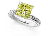 Platinum Fancy Yellow Princess  Solitaire Diamond Engagement Ring with XO Engraved Band and Four-Prong Setting 1