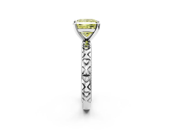 Platinum Fancy Yellow Princess  Solitaire Diamond Engagement Ring with XO Engraved Band and Four-Prong Setting