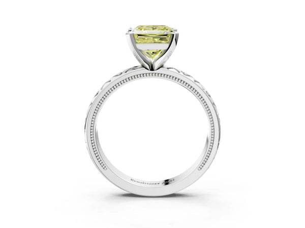 Platinum Fancy Yellow Princess  Solitaire Diamond Engagement Ring with XO Engraved Band and Four-Prong Setting