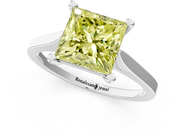 Platinum Fancy Yellow Princess  Solitaire Diamond Ring with Four-Prong Setting and Tapered Band