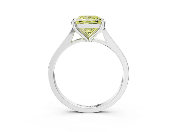 Platinum Fancy Yellow Princess  Solitaire Diamond Ring with Four-Prong Setting and Tapered Band