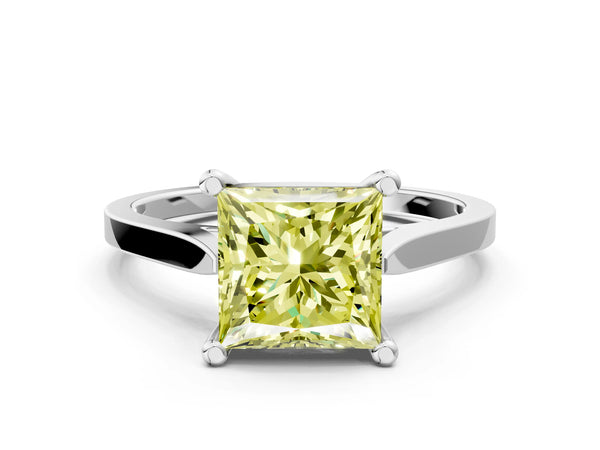 Platinum Fancy Yellow Princess  Solitaire Diamond Ring with Four-Prong Setting and Tapered Band