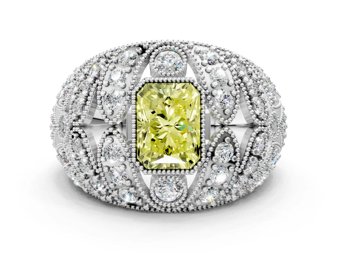 Platinum Fancy Yellow Radiant Cut Brilliant Halo Pave Diamond Milgrain Ring_12