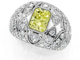 Platinum Fancy Yellow Radiant Cut Brilliant Halo Pave Diamond Milgrain Ring_13