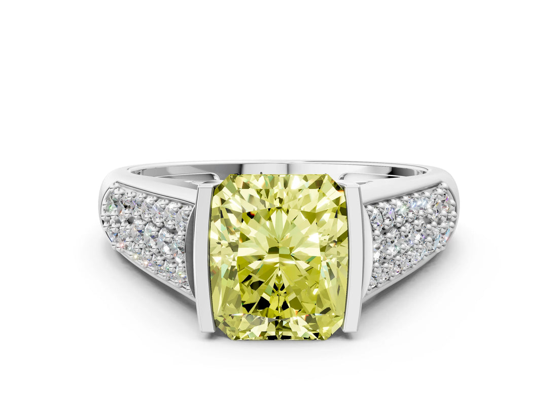 Platinum Fancy Yellow Radiant Cut Cut Diamond Channel Set Pave Band with Tension Prong Setting_6