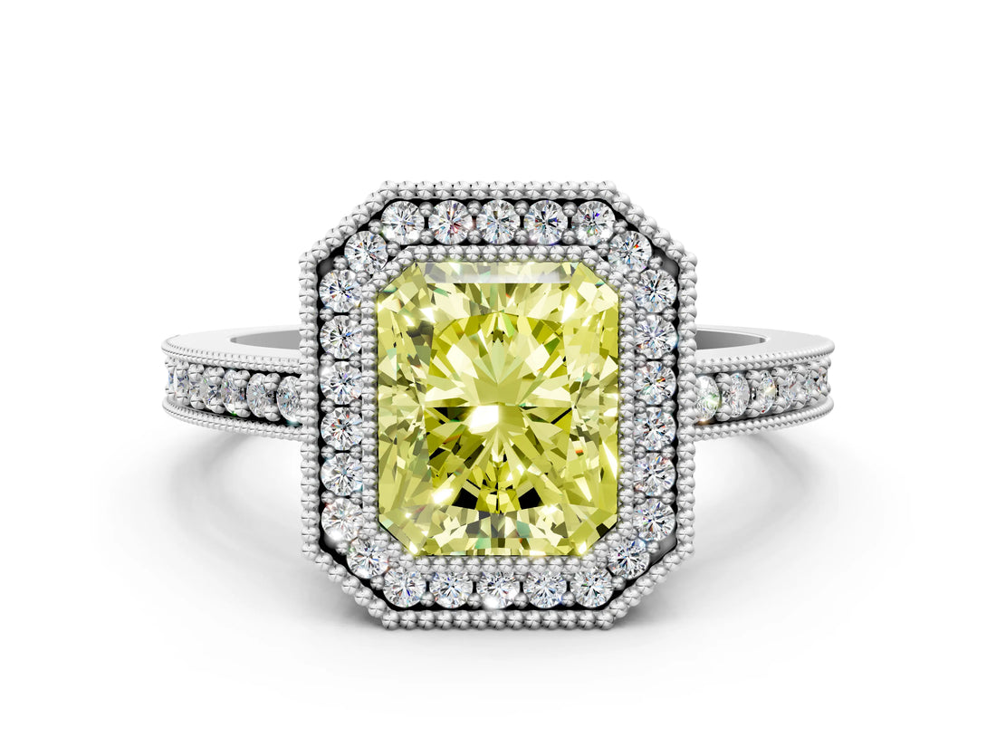 Platinum Fancy Yellow Radiant Cut-Cut Diamond Halo Engagement Ring with Pave Band and Prong Setting_12