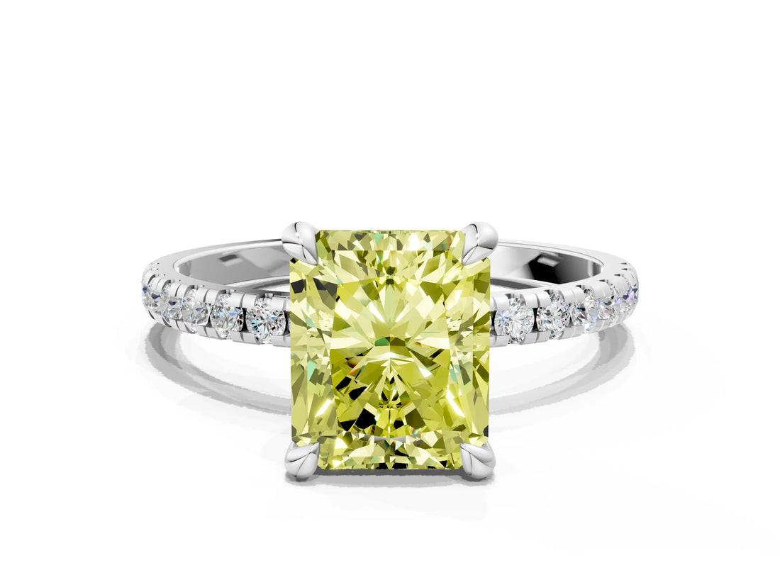 Platinum Fancy Yellow Radiant Cut Diamond Brilliant Solitaire Ring with Pavé Band and Four-Prong Setting_36