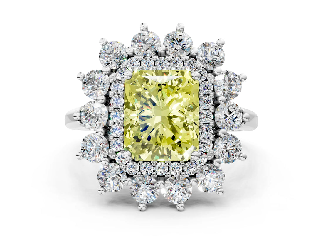 Platinum Fancy Yellow Radiant Cut Diamond Floral Double Halo Engagement Ring with Prong Setting_43