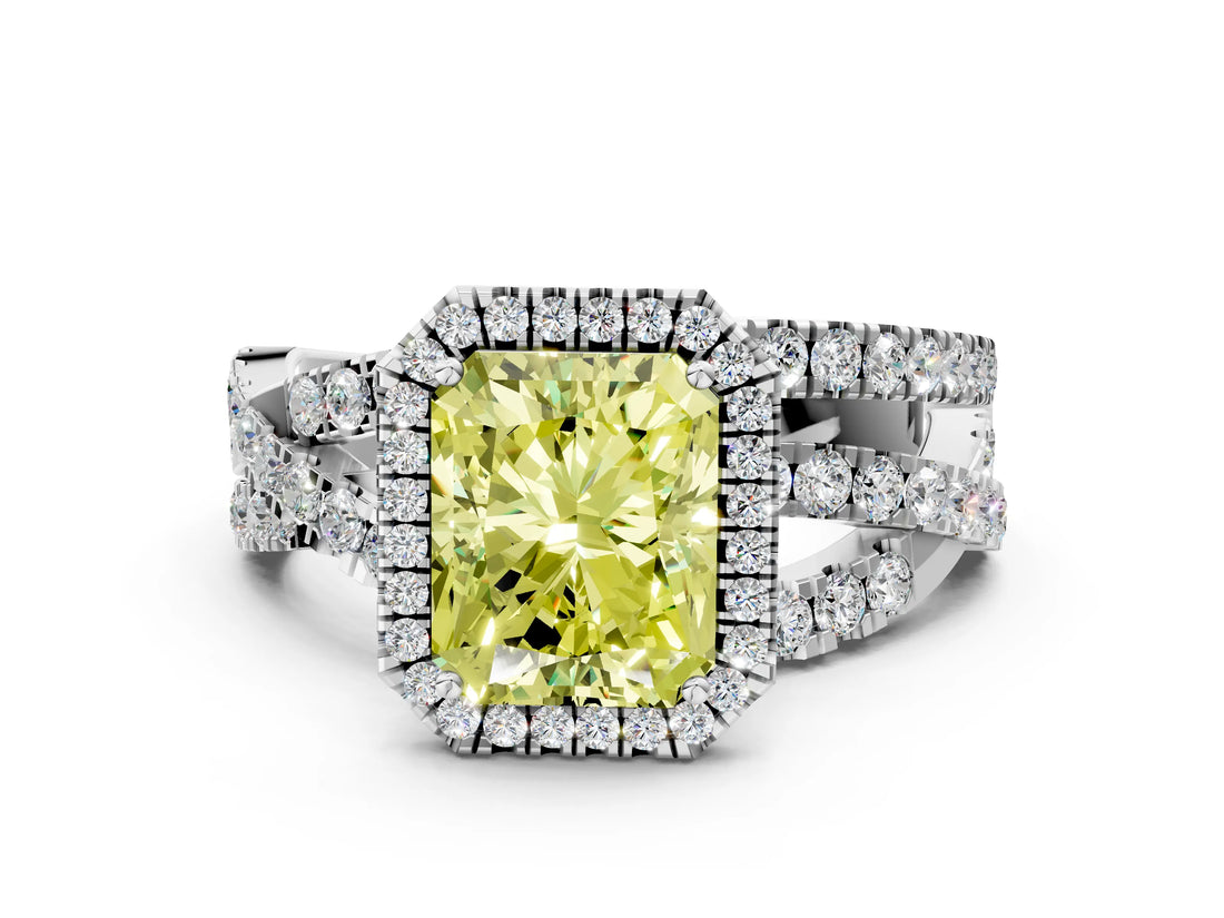 Platinum Fancy Yellow Radiant Cut Diamond Halo Ring with Round Split Shank and Prong Setting