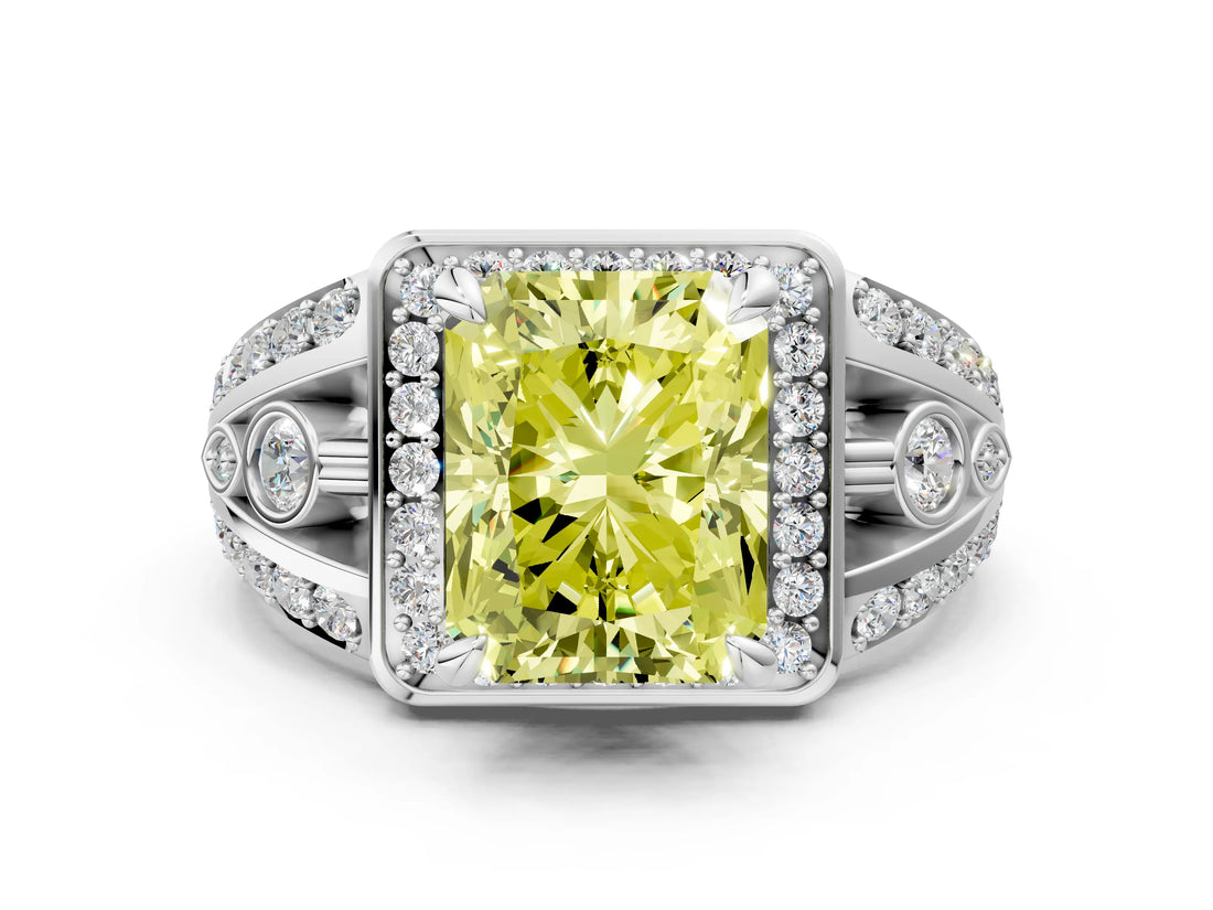 Platinum Fancy Yellow Radiant Cut Diamond Halo Ring with Split Shank and Bezel Accents and Four-Prong Setting_6