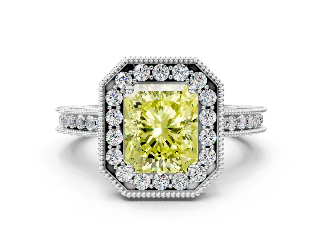 Platinum Fancy Yellow Radiant Cut Diamond Milgrain Halo Engagement Ring with Round Pavé Band and Prong Setting_12