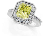 Platinum Fancy Yellow Radiant Cut Diamond Milgrain Halo Engagement Ring with Round Pavé Band and Prong Setting_13